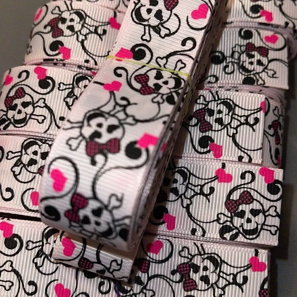 grosgrain Ribbon 7/8” NEW 5 yards beauty skulls checkers hot pink bow scrolls